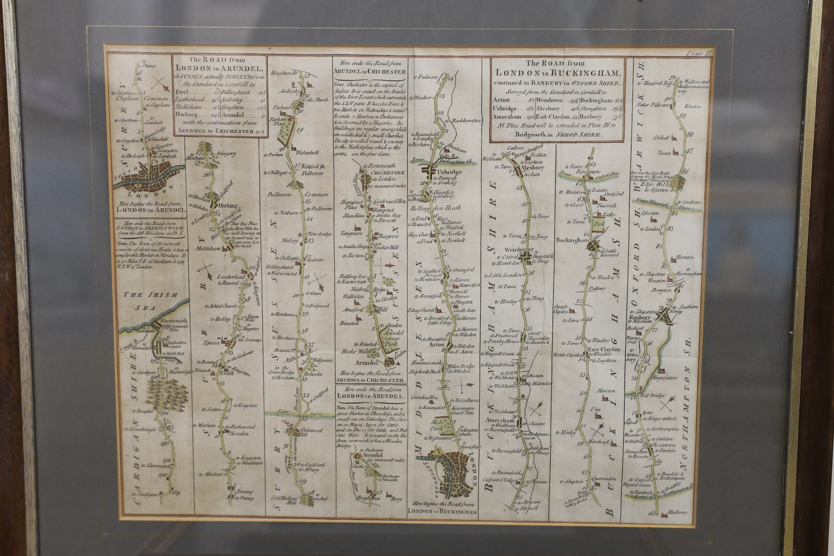 Seven engraved maps - After John Ogilby, The Road from London to Newhaven; The Road from London to Arundel; After Hondius family, an uncoloured map of Provincia La Provence, dated 1621, 38 x 50cm, After Thomas Moule, thr